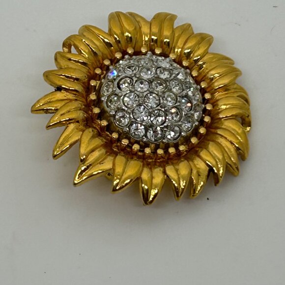 Joan Rivers Sunflower Brooch With Gold Tone Petals Rhinestone Center Vintage - Picture 2 of 16